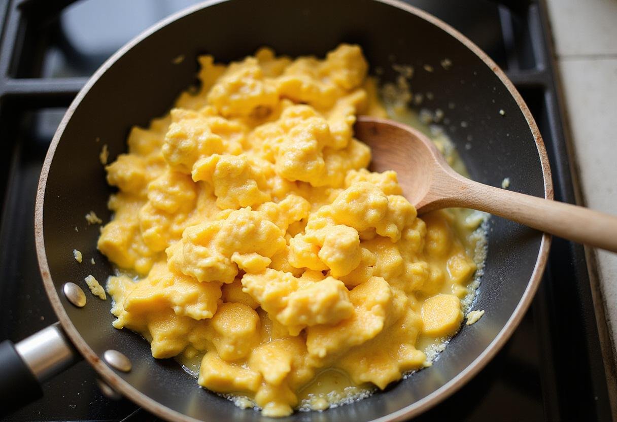 Cooking scrambled eggs in a frying pan for McDonald's breakfast burrito, highlighting the nutritional value of a delicious breakfast.