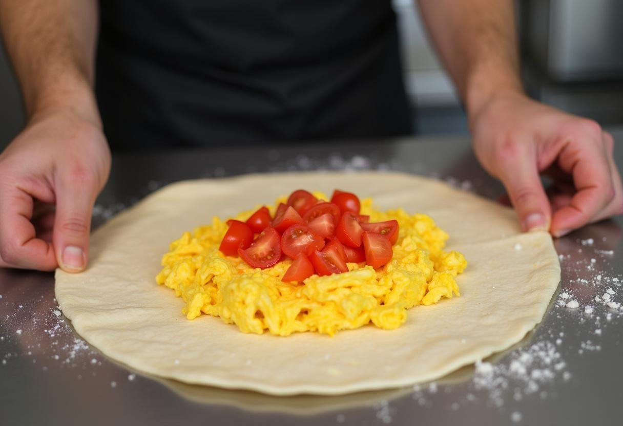 Assembling a McDonald's breakfast burrito with fresh ingredients, emphasizing the nutrition for McDonald's breakfast burrito.
