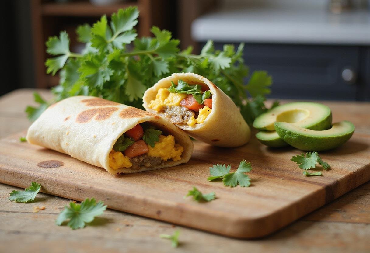A deliciously rolled McDonald's breakfast burrito on a cutting board, emphasizing its nutritional facts and appealing presentation.