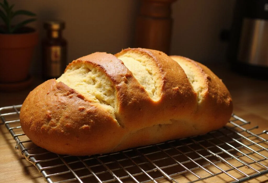 Freshly baked miche bread loaf cooling on a rack, highlighting its golden crust and delicious aroma in a rustic kitchen.