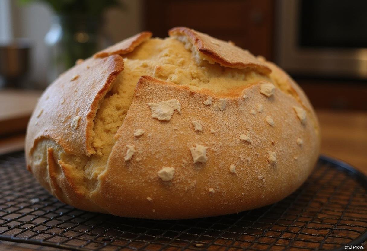 Freshly baked miche bread loaf cooling on a rack, highlighting its golden crust and delicious aroma in a rustic kitchen.