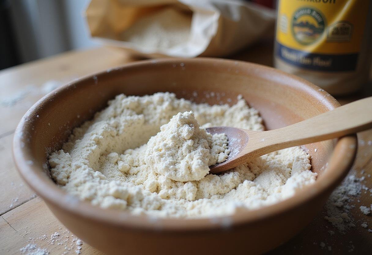 Sifting einkorn flour for a miche bread loaf in a bright kitchen, highlighting the flour's texture for baking.