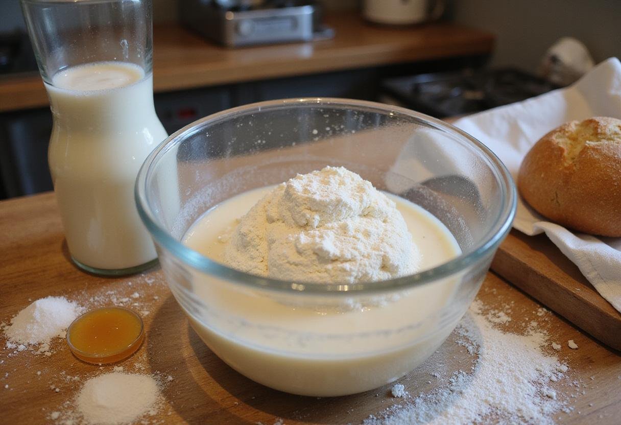 Mixing water and yeast for a delicious miche bread loaf, featuring fresh ingredients in a lively kitchen setting.