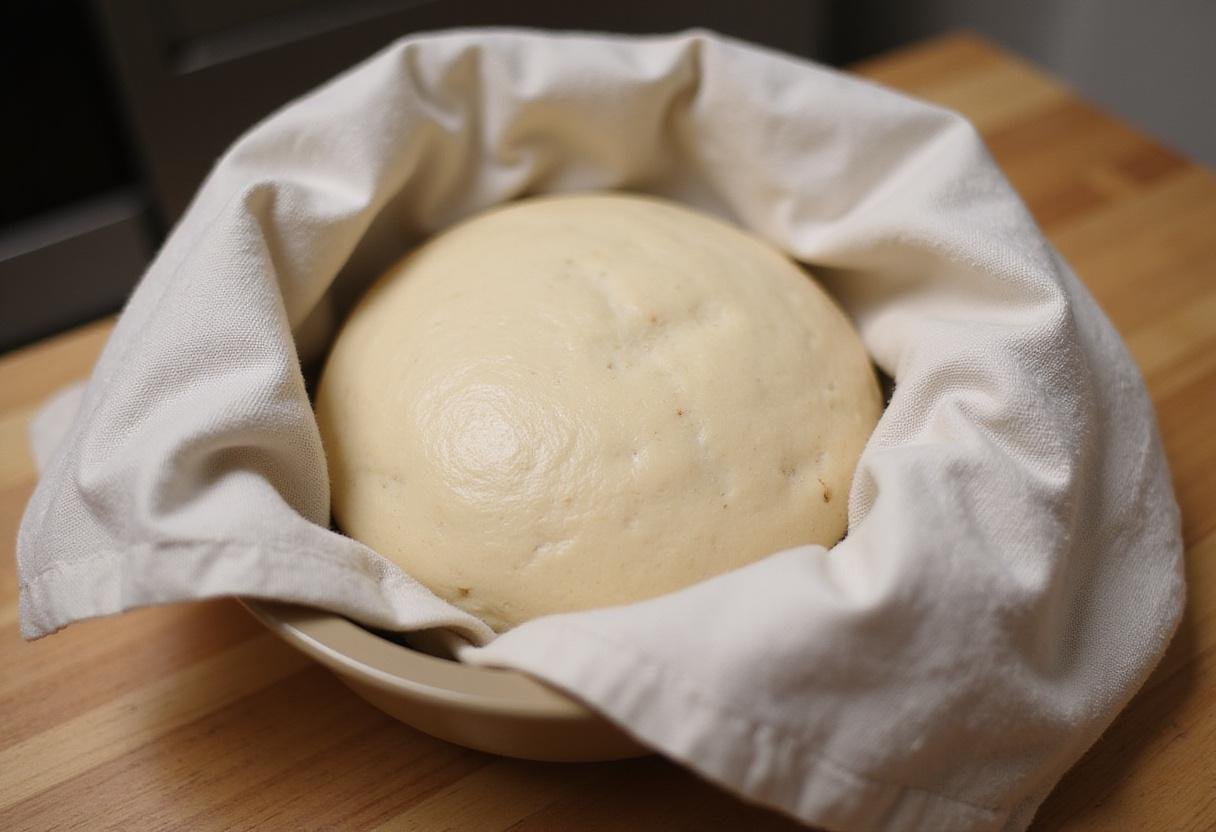 Dough rising for einkorn miche bread on a wooden counter, demonstrating the fermentation process with a cozy kitchen vibe.
