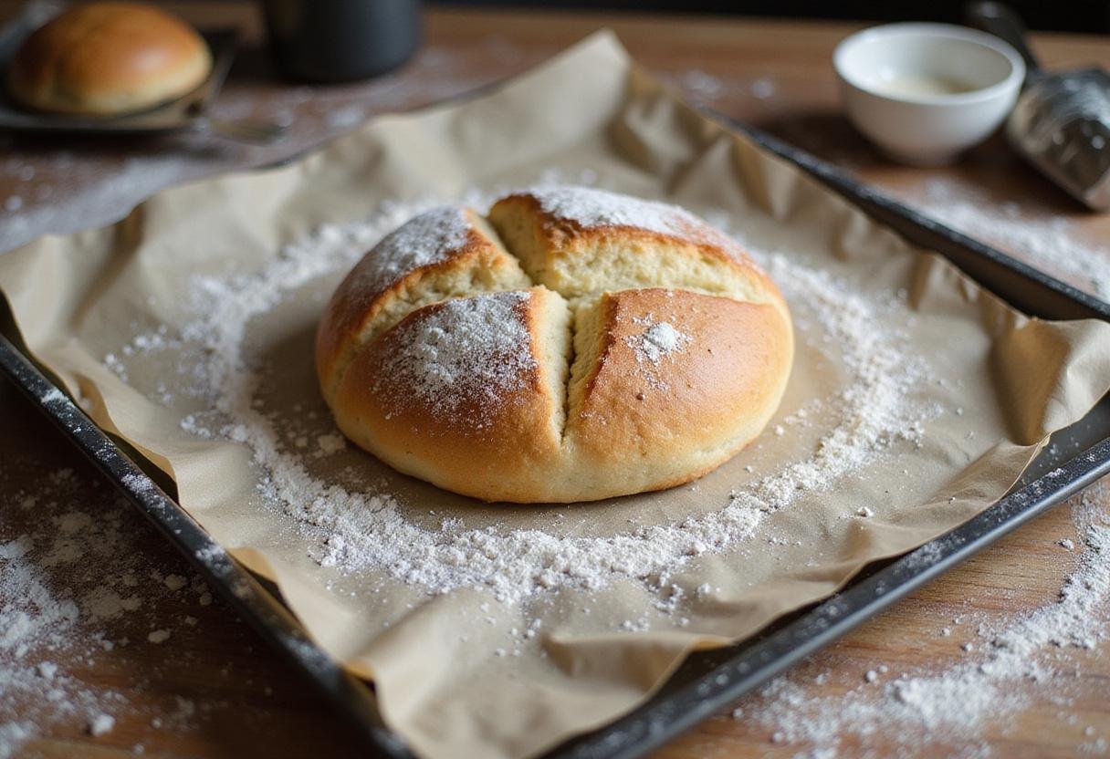 Shaping a miche bread loaf on a baking tray, showcasing the preparation step in an inviting kitchen environment.
