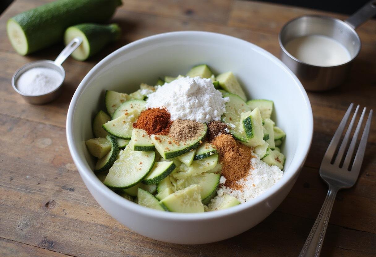 Preparing a zucchini bread recipe with fresh shredded zucchini and ingredients on a rustic countertop.
