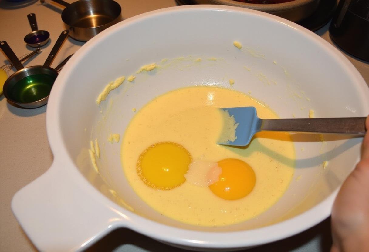 Making moist delicious zucchini bread by mixing batter with eggs and oil on a kitchen counter.