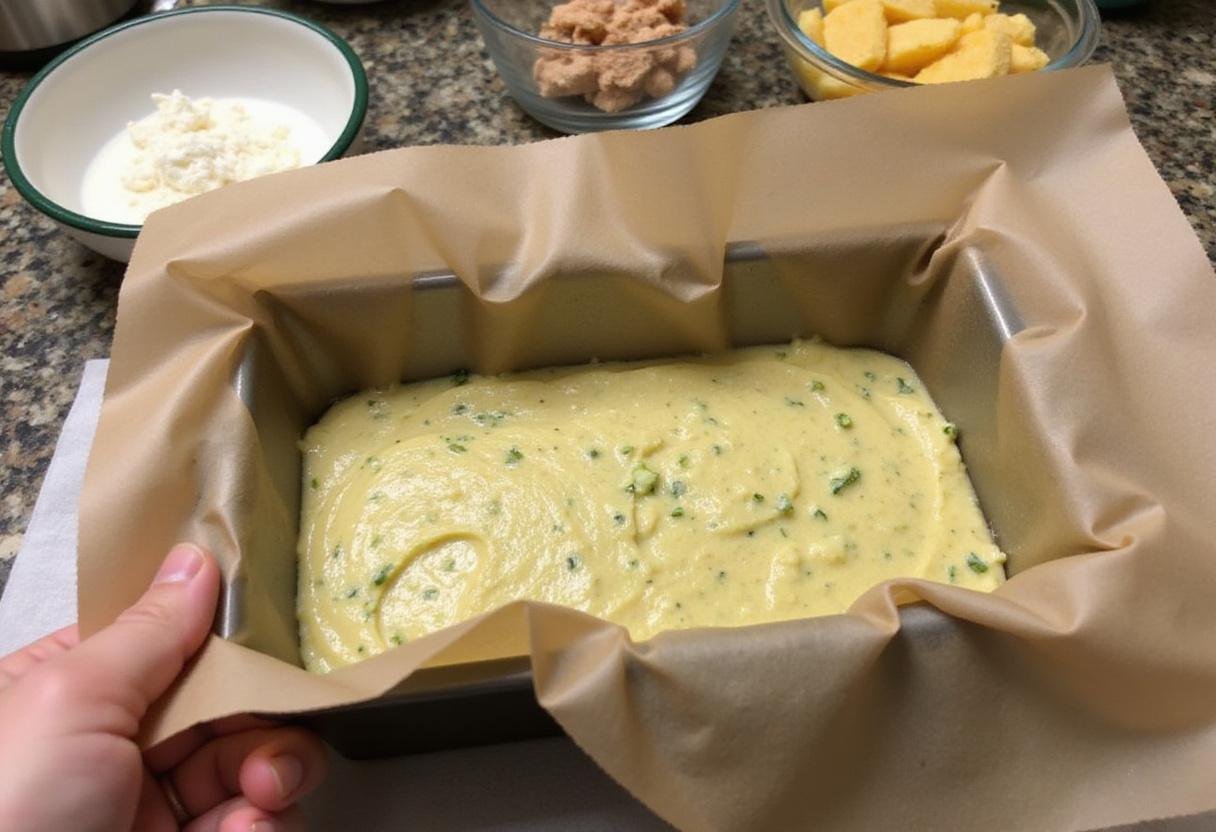 Pouring zucchini bread batter into a loaf pan to create a delicious homemade baked treat.