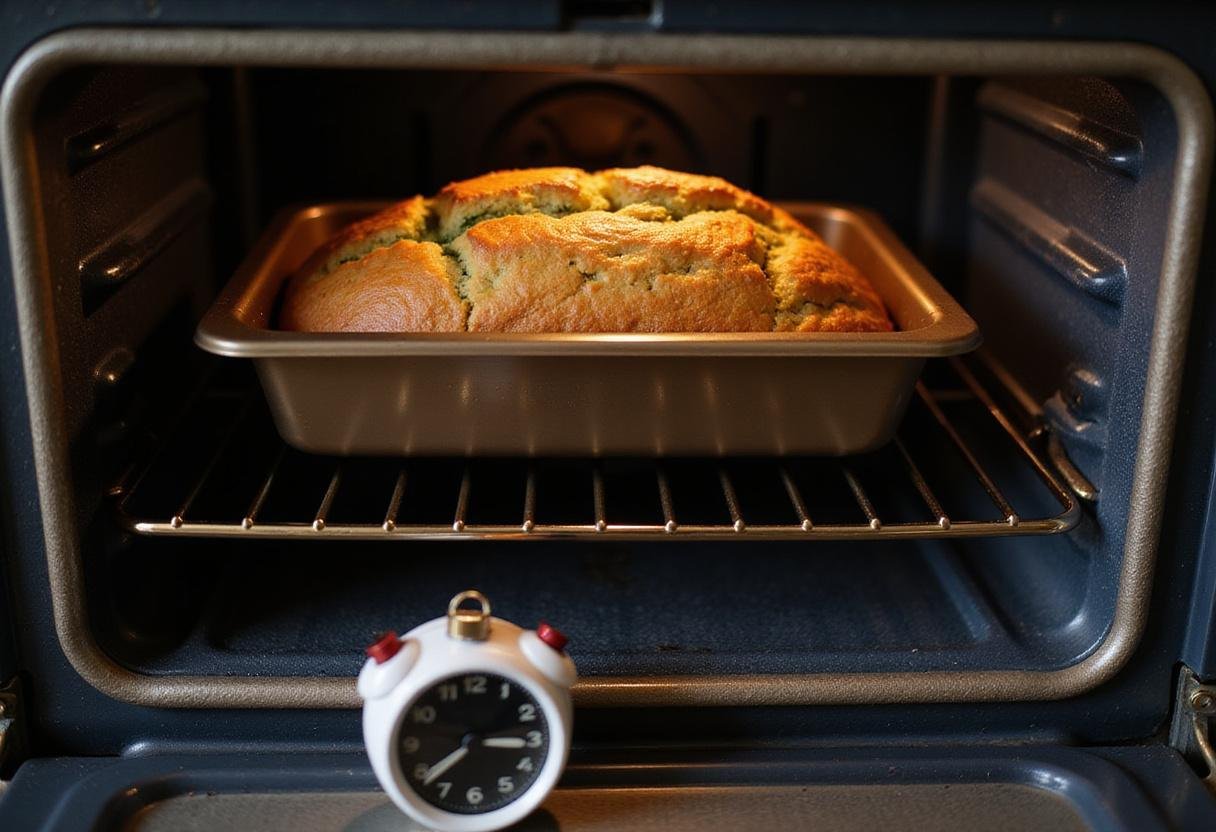 Baking zucchini bread in the oven, showing the perfect golden brown color of the loaf.