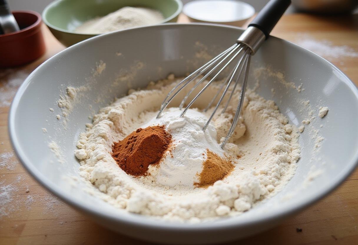 Mixing flour and spices for a moist spiced delight carrot cake recipe preparation in a bright kitchen.