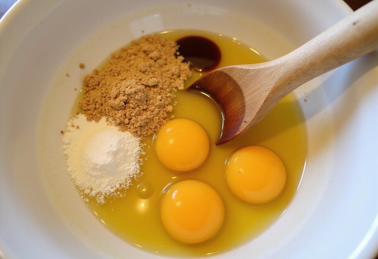 Combining wet ingredients for a flavorful carrot cake recipe including eggs and vanilla for a moist spiced delight.