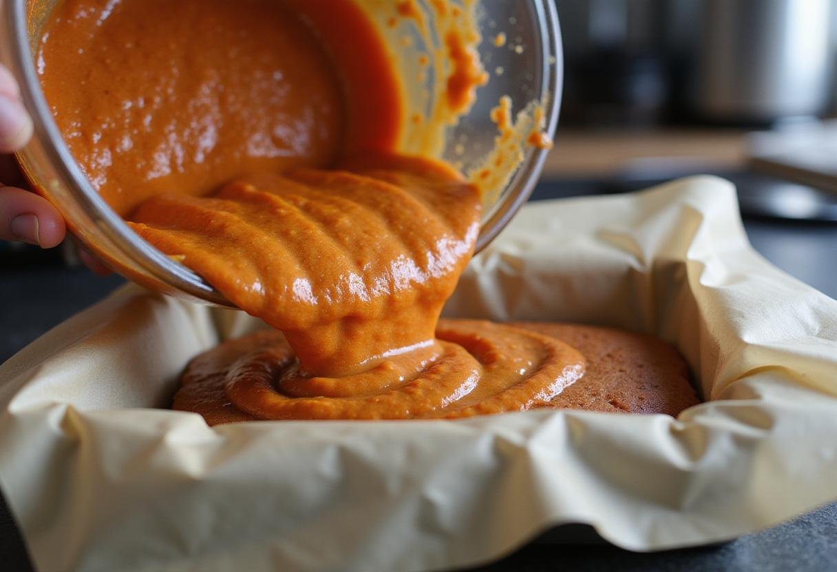 Preparing to bake a moist carrot cake by pouring the spiced mixture into a pan, part of the carrot cake recipe.
