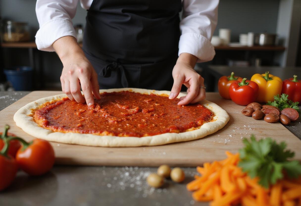 Spreading sauce and adding toppings for Mountain Mike's Supreme Pizza, highlighting the vibrant ingredients from the mountain mike's pizza menu.