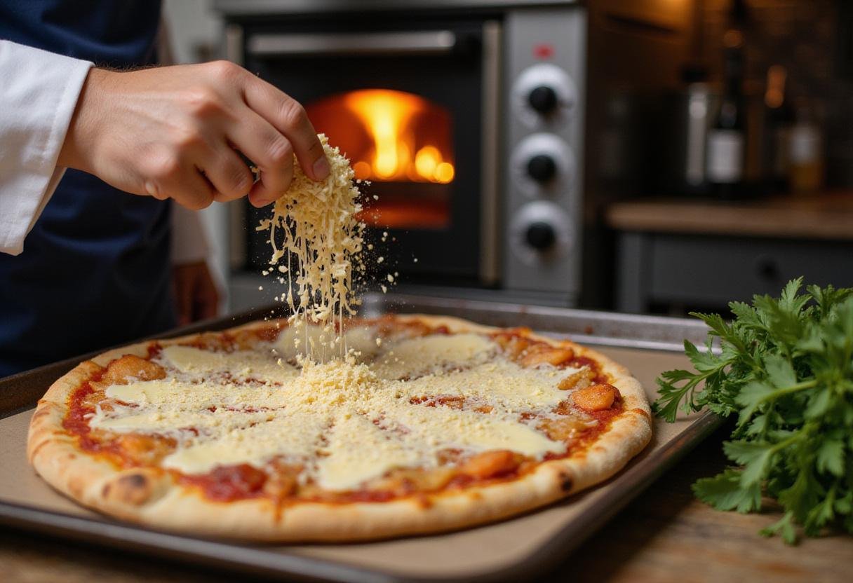 Adding cheese to Mountain Mike's Supreme Pizza before baking, capturing the essence of the delicious offerings from Mike's pizza menu.