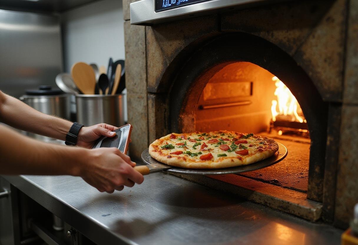 Placing Mountain Mike's Supreme Pizza into the oven, ensuring a perfect bake, reminiscent of the experience found on the mountain mike's pizza menu.