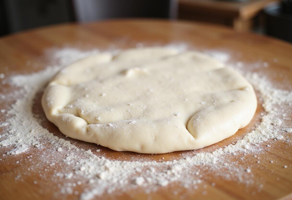 Freshly made pizza dough on a wooden table, capturing the essence of New Haven pizza place menu.