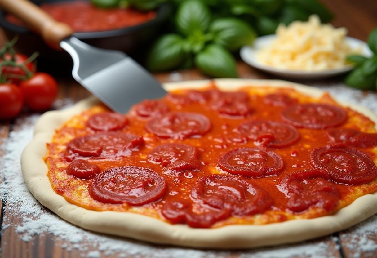 Spreading tomato sauce on pizza dough, highlighting flavorful ingredients from the New Haven pizza place menu.