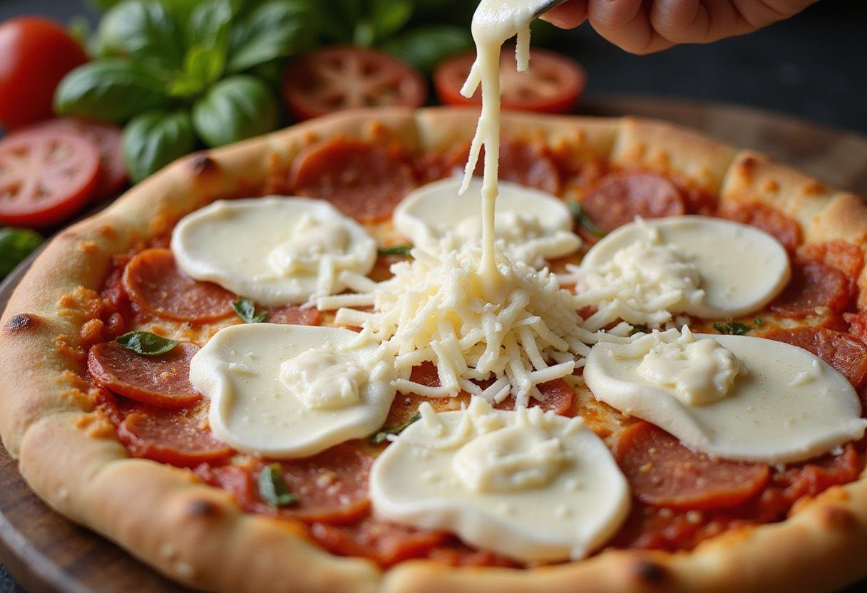 Sprinkling mozzarella cheese onto the pizza, emphasizing the deliciousness of New Haven pizza place menu offerings.