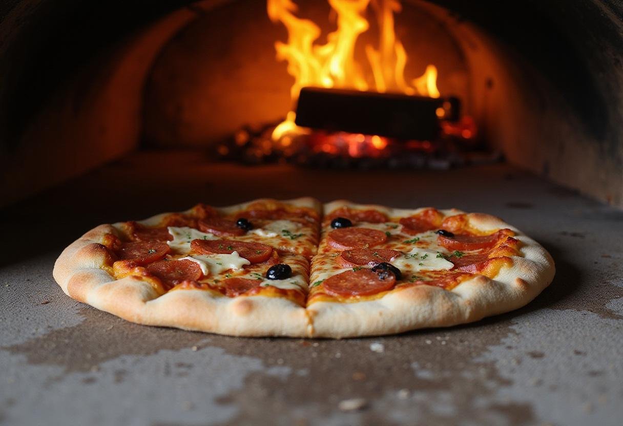 A New Haven style pizza being placed in a brick oven, a hallmark of the New Haven pizza place menu.