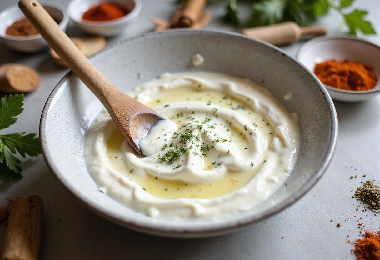 Mixing the creamy dressing for Nutritious Hawaiian Roll Delights, combining Greek yogurt and spices for a flavorful spread.