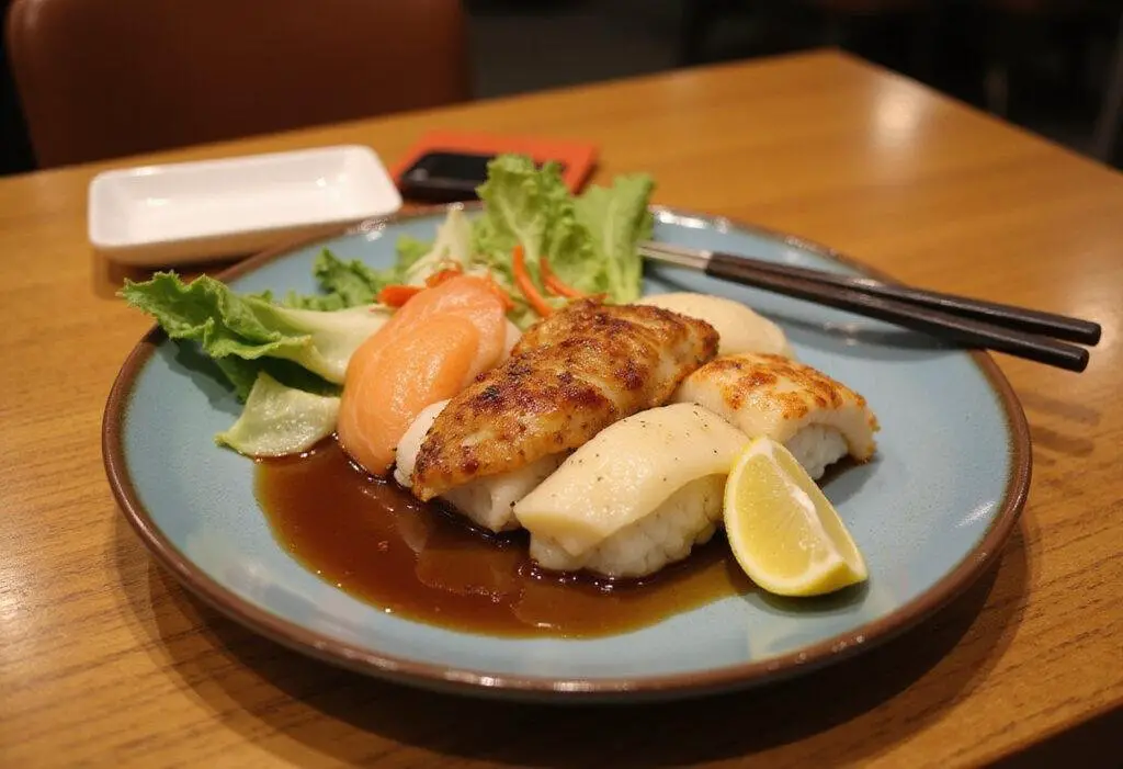 Final presentation of Osaka Sushi Hibachi, featuring an elegant plate filled with fresh sushi and grilled vegetables, perfect for enjoying in Roseville, MN.