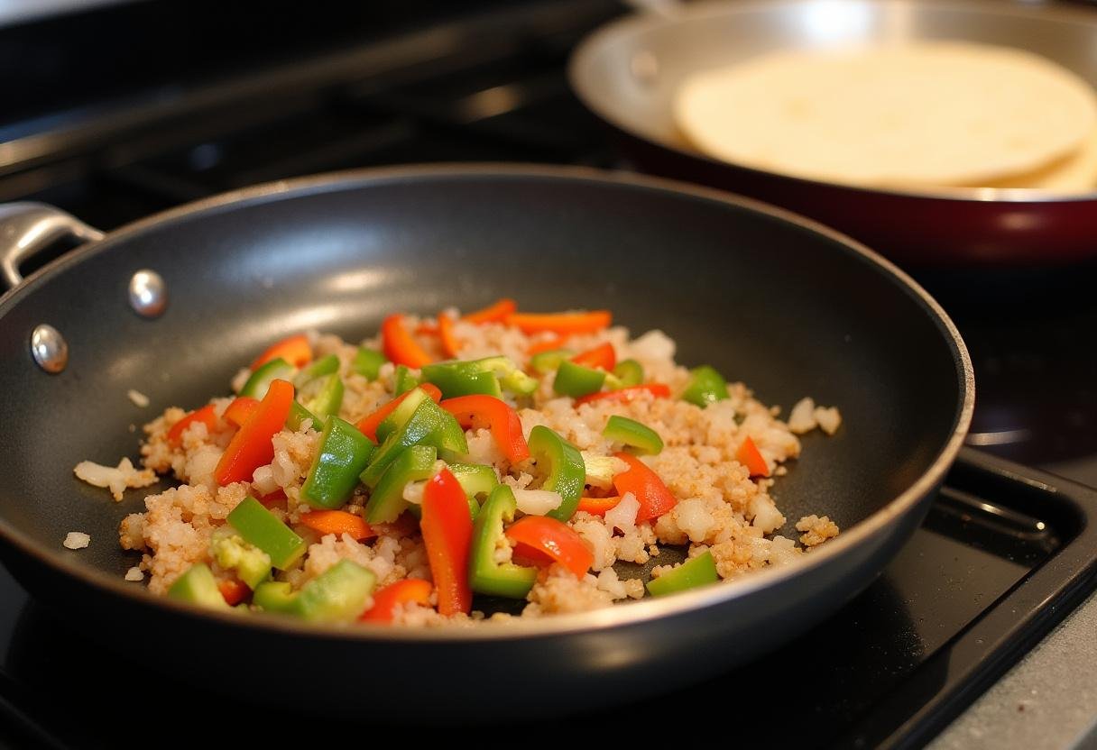 Sautéed onions and bell peppers for Oscar's delicious street tacos, vibrant colors enhancing the dish.