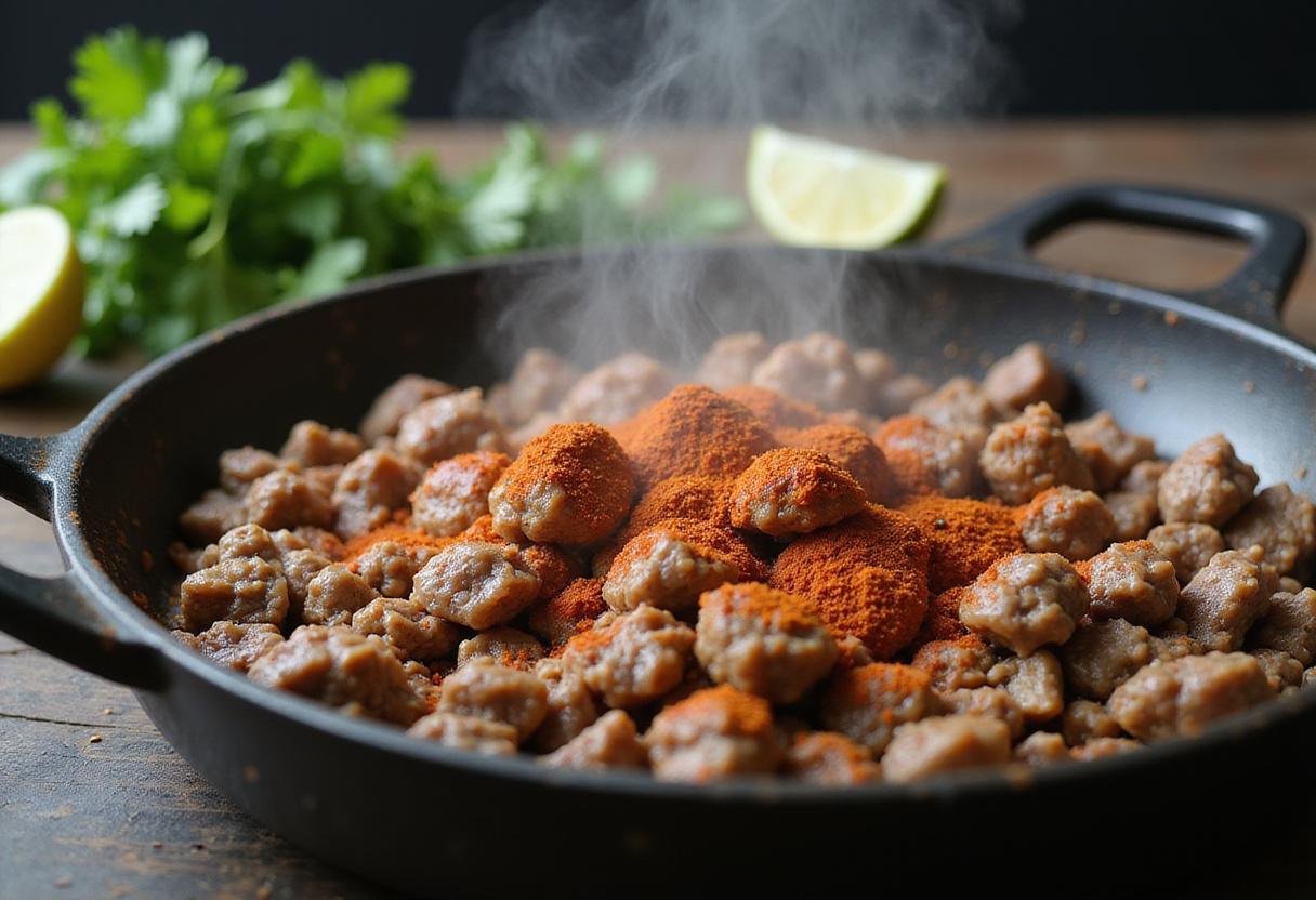 Ground beef being seasoned for Oscar's tacos, showcasing the vibrant spices commonly used in Mexican cuisine.