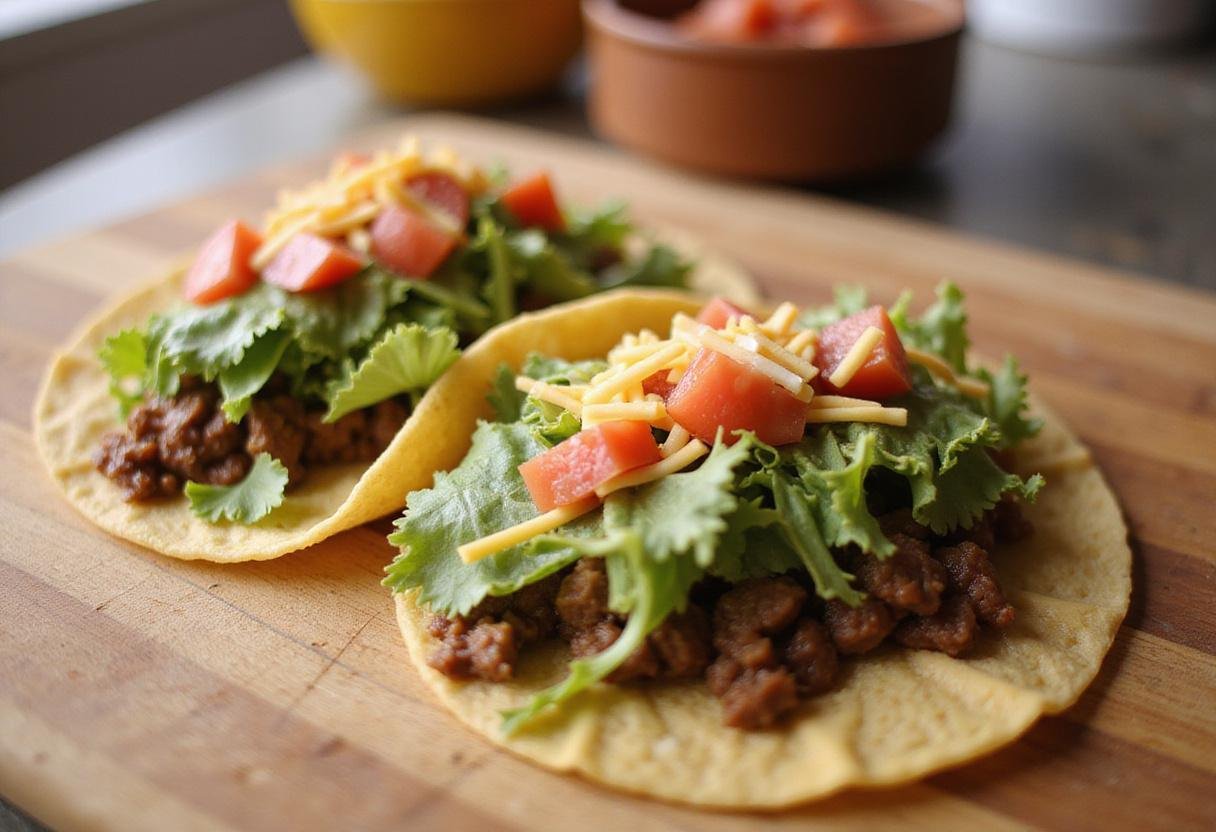 Assembly of Oscar's delicious street tacos with fresh ingredients like beef, lettuce, tomatoes, and cheese.