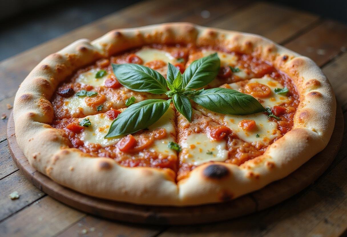 The final result of Pat's Famous Pizza in Ellsworth, featuring a mouth-watering homemade pizza with a crispy crust and fresh toppings.