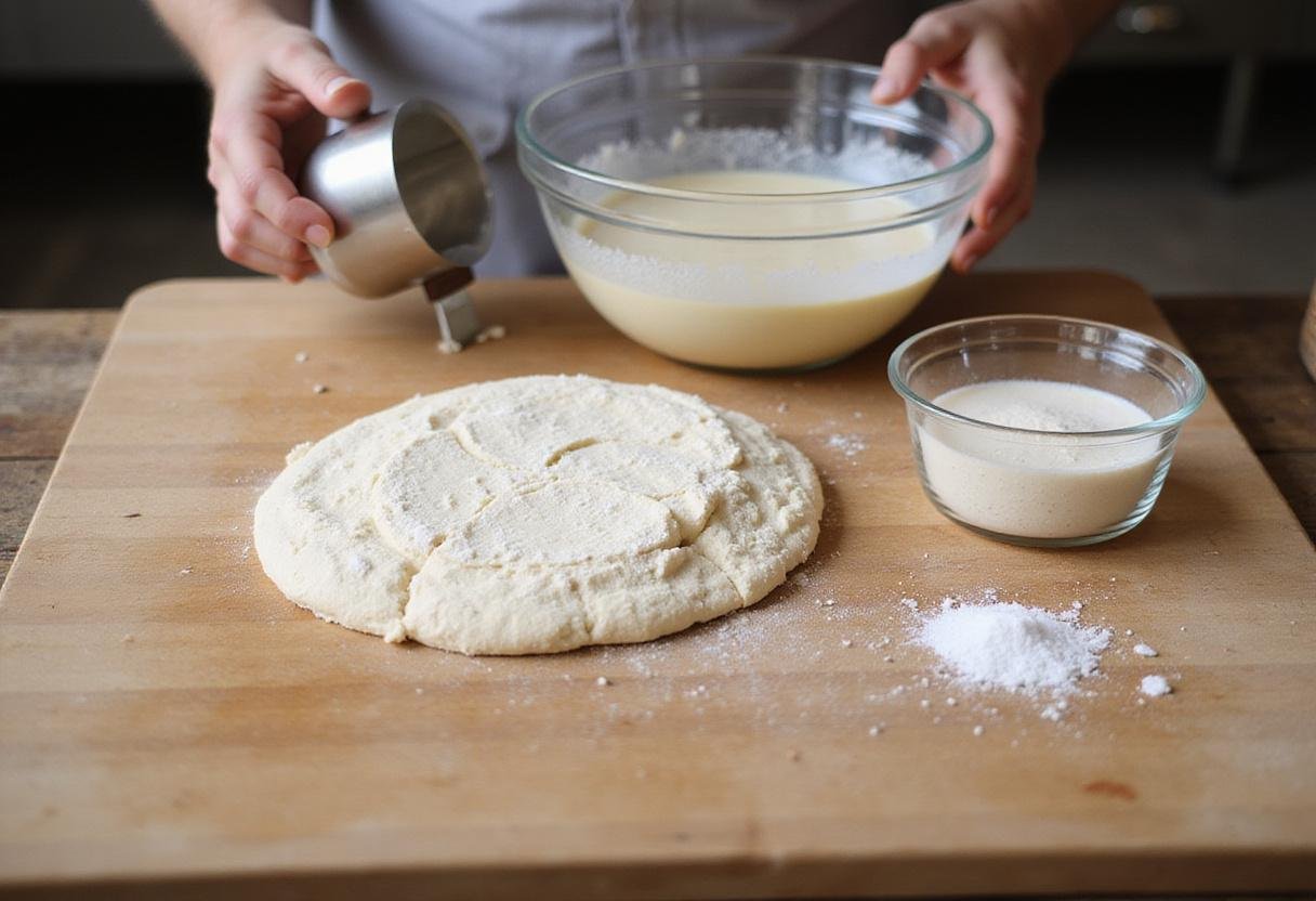 Preparing dough for Pat's Famous Pizza in Ellsworth, mixing flour, water, yeast, and salt for a perfect base.