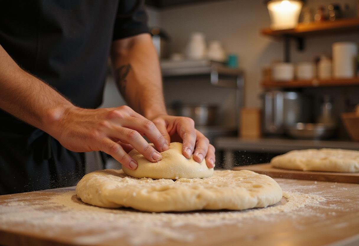 Kneading fresh pizza dough to create Pat's Famous Pizza crust in Ellsworth, highlighting the art of pizza making.