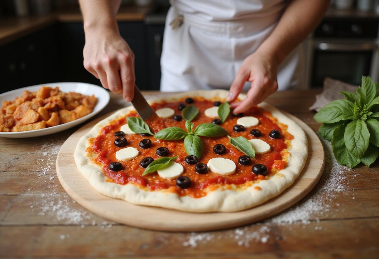 Assembling Pat's Famous Pizza in Ellsworth, layering tomato sauce and fresh toppings for a delicious pizza experience.