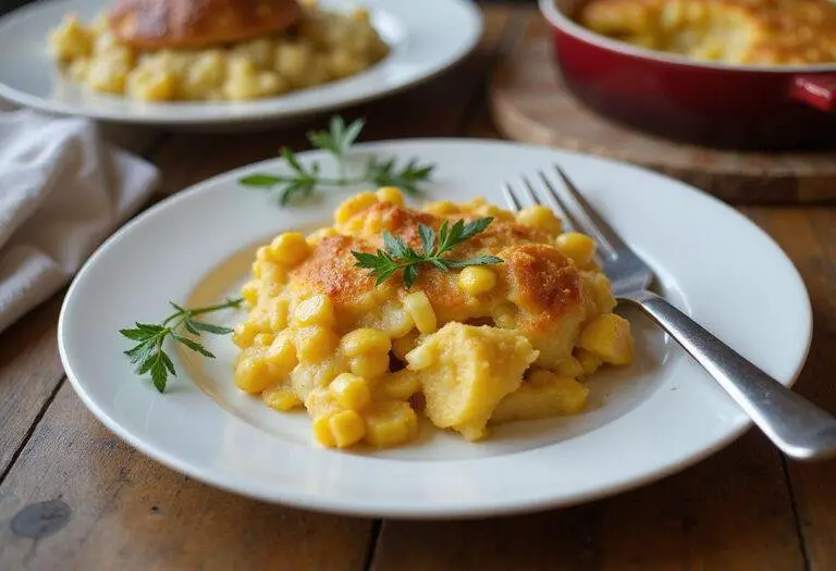A delicious serving of Paula Deen's corn casserole displayed elegantly on a rustic table, perfect for any Southern feast.