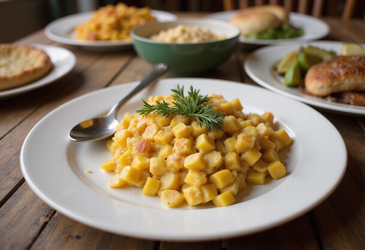 A delicious serving of Paula Deen's corn casserole displayed elegantly on a rustic table, perfect for any Southern feast.