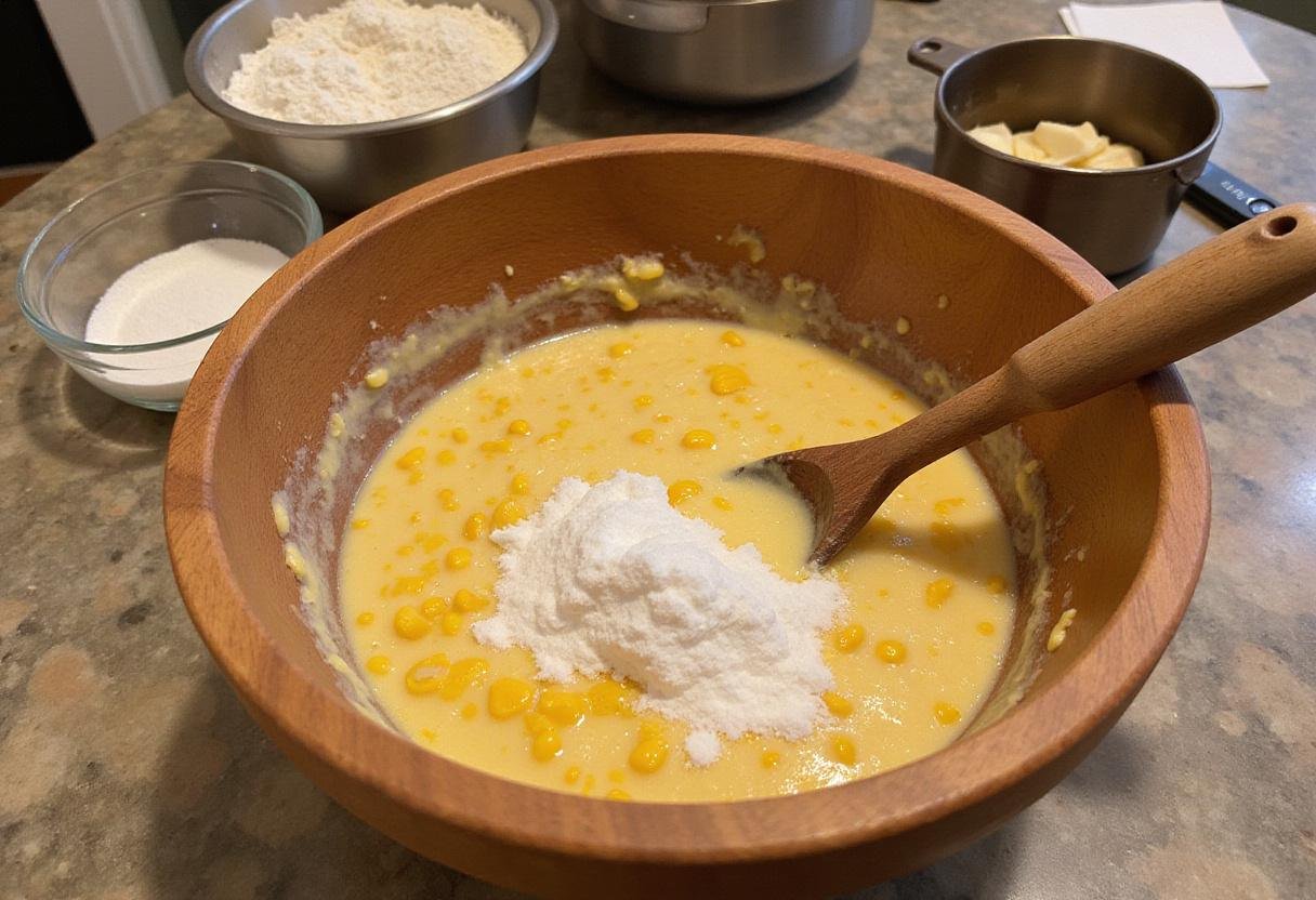 Mixing sweet corn and creamed corn for Paula Deen's corn casserole, a delicious Southern dish.