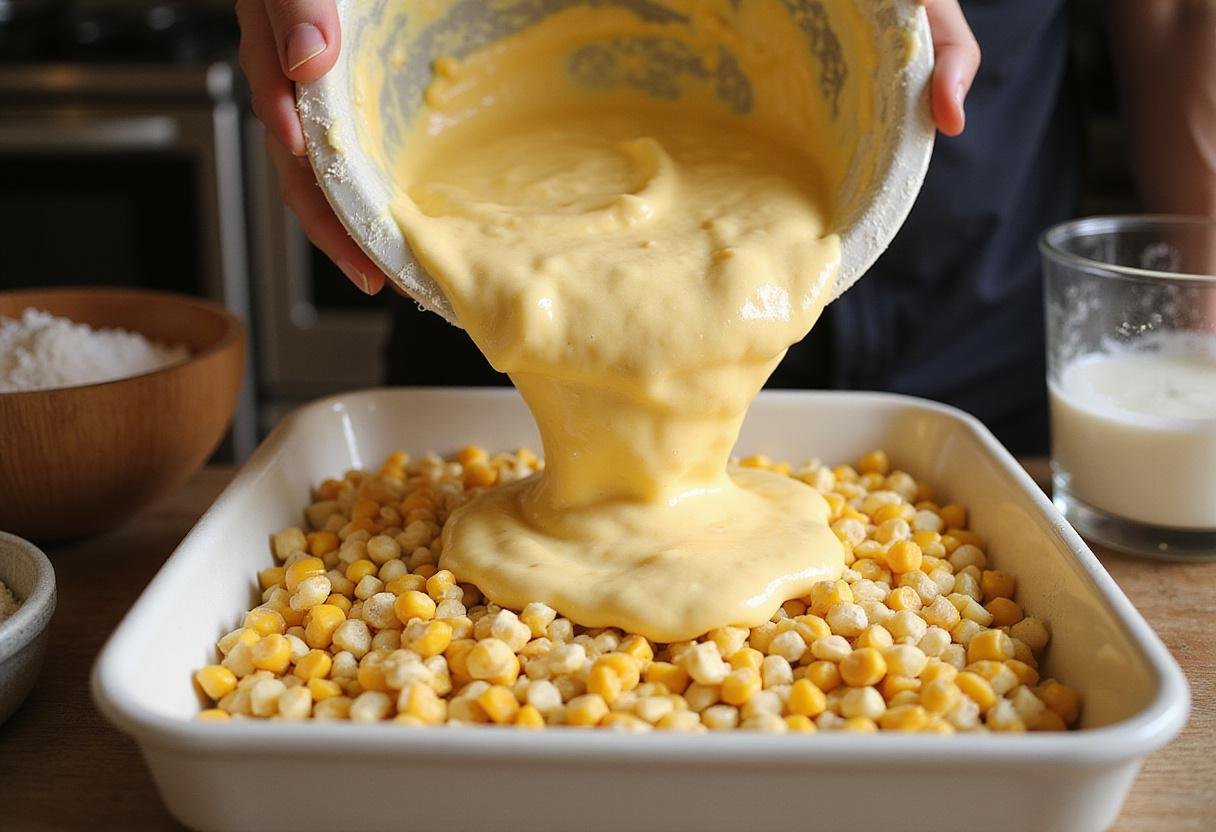 Pouring the corn mixture into a baking dish for Paula Deen's corn casserole, a staple Southern comfort food.