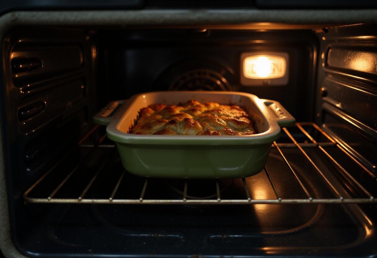 Baking Paula Deen's corn casserole in a preheated oven, showcasing the first steps of the cooking process.