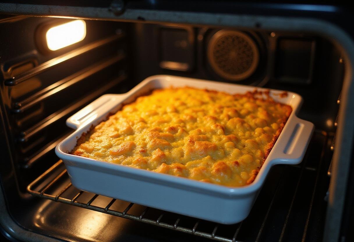 Removing a golden-brown Paula Deen's corn casserole from the oven, highlighting the rustic appeal of this Southern dish.