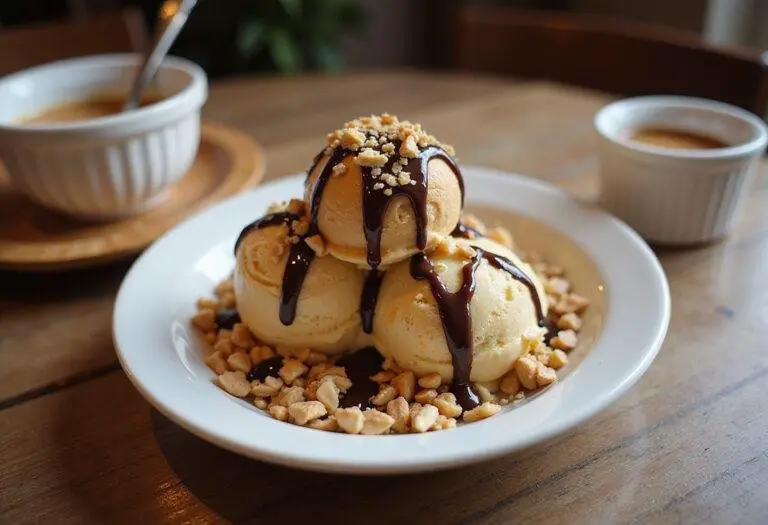 Irresistible final presentation of homemade peanut butter sauce over ice cream, showcasing a delicious peanut butter sauce recipe.