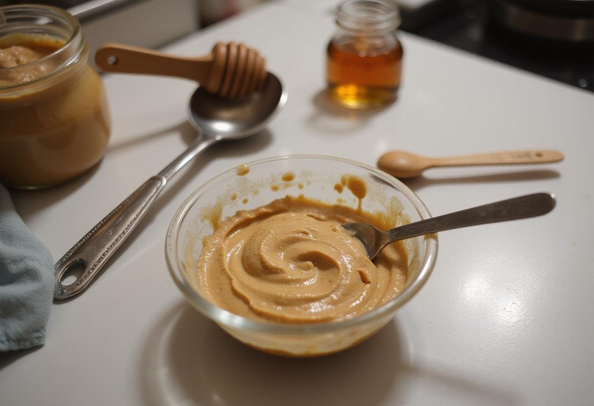Peanut butter sauce recipe preparation with creamy peanut butter and ingredients on a bright kitchen counter.