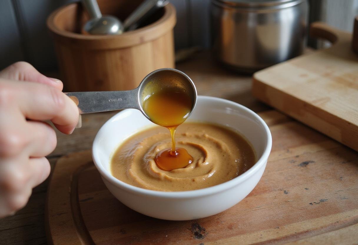 Making Reese's peanut butter sauce by adding honey to creamy peanut butter in a well-lit kitchen atmosphere.
