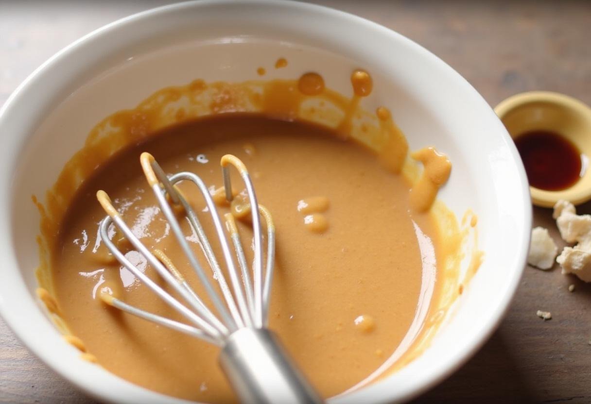 Creating a delicious peanut butter sauce by whisking together peanut butter, honey, and vanilla extract for a rich flavor.