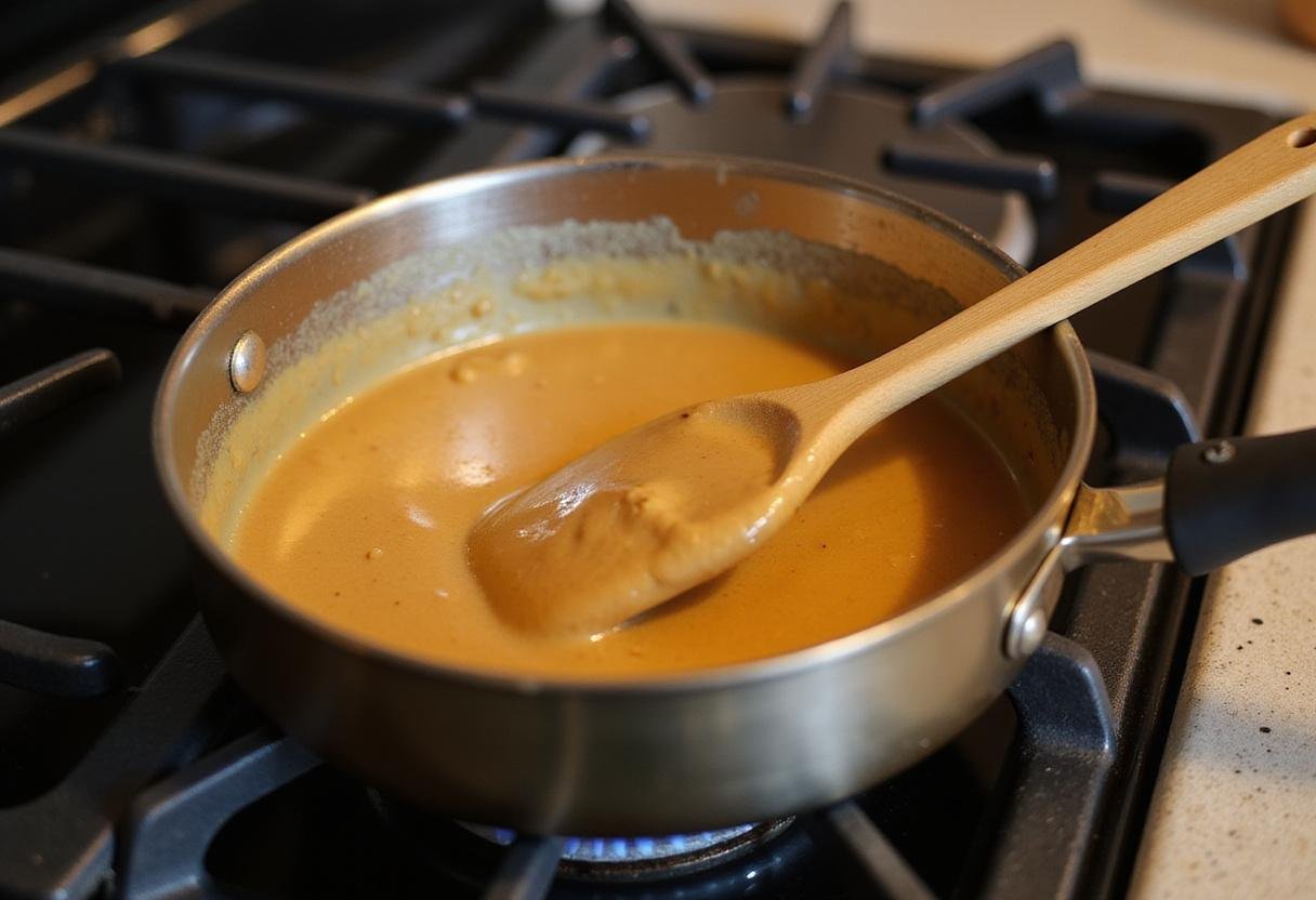 Heating homemade peanut butter sauce in a saucepan to perfection, a key step in the peanut butter sauce recipe.