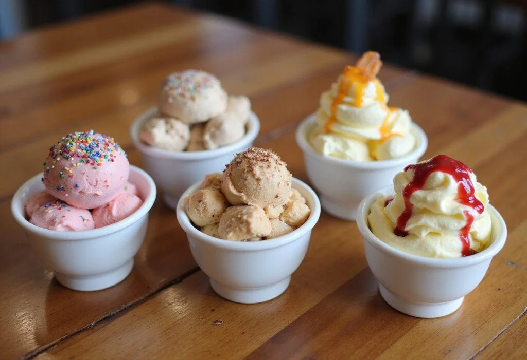 Beautifully presented ice cream cups with rich flavors and toppings, perfect for enjoying on a hot day or for special occasions.