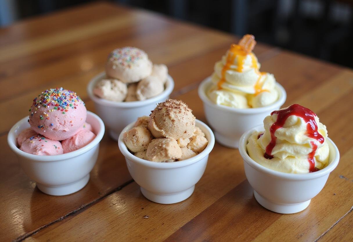Beautifully presented ice cream cups with rich flavors and toppings, perfect for enjoying on a hot day or for special occasions.