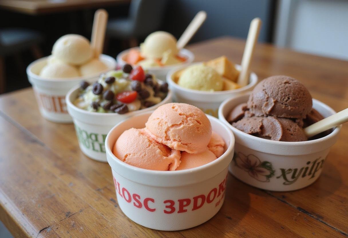 Beautifully presented ice cream cups with rich flavors and toppings, perfect for enjoying on a hot day or for special occasions.