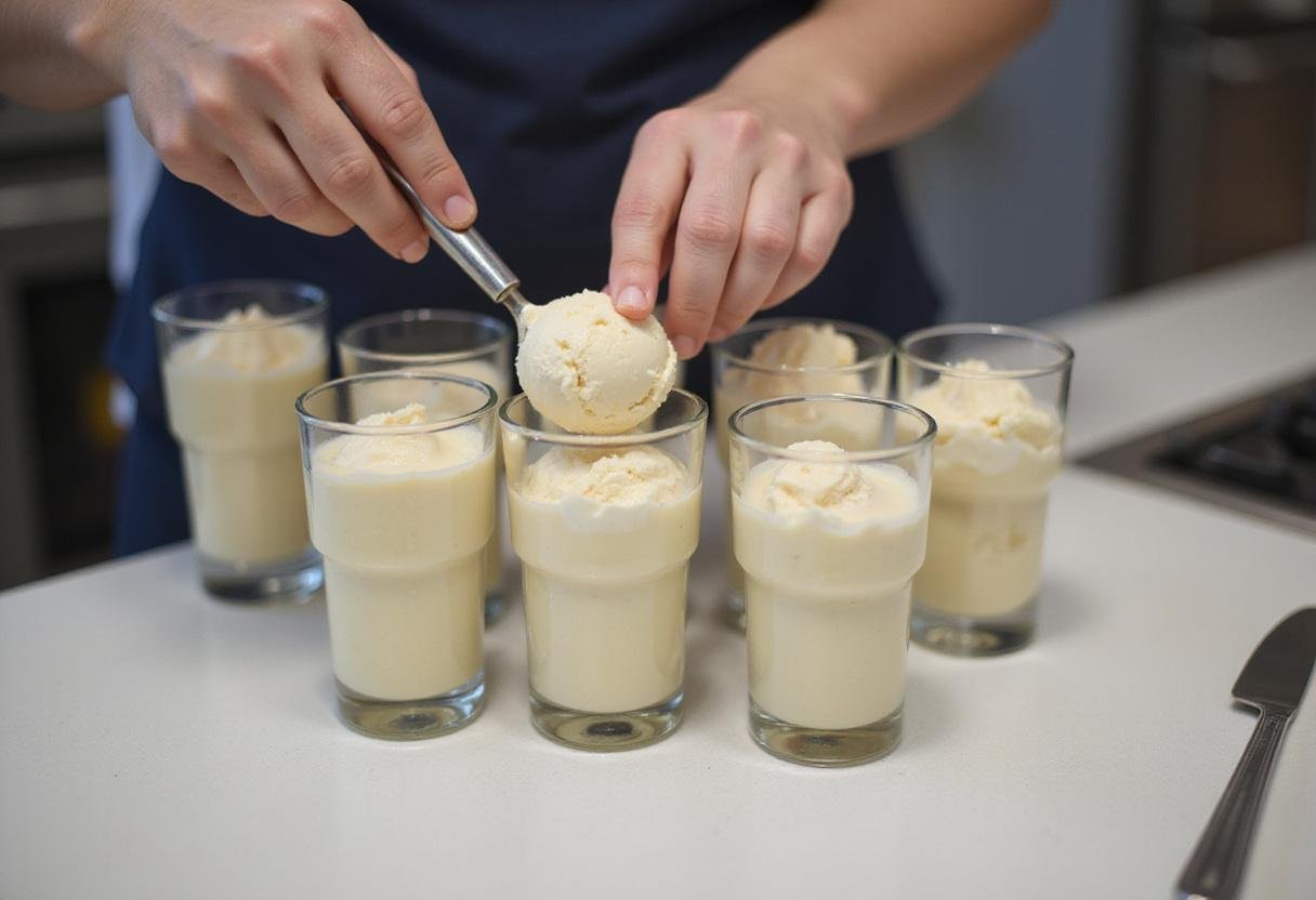 Creating perfect ice cream cups with generous scoops of creamy ice cream for an enjoyable dessert experience.