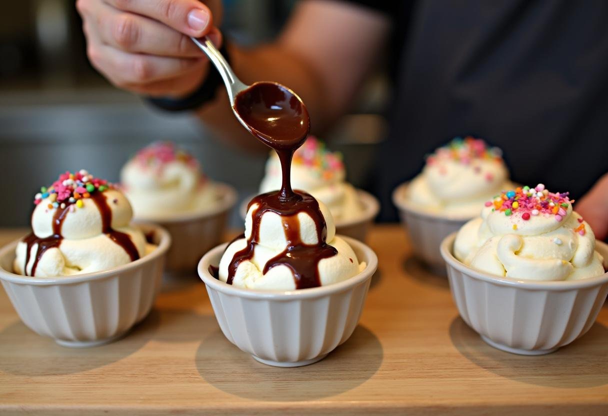 Adding delightful toppings to ice cream cups, including warm fudge and colorful sprinkles to enhance flavor and presentation.