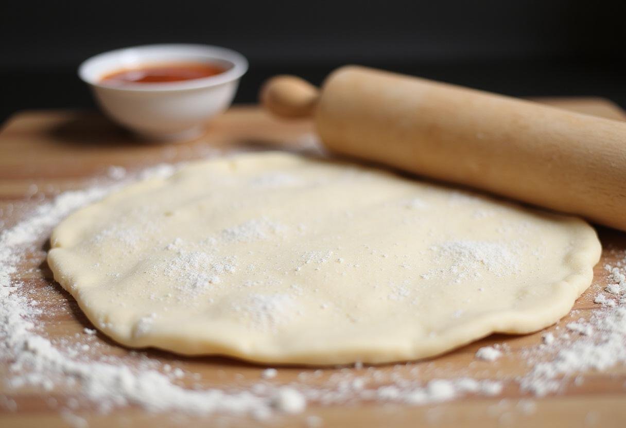 Pizza N Stuff preparation with rolled out pizza dough on a wooden countertop, ready for toppings.