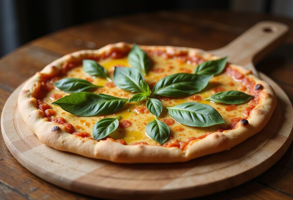 Freshly baked Pizza N Stuff garnished with basil and olive oil, ready to be served.